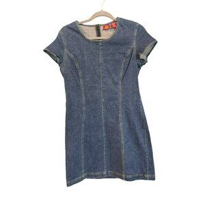 Vintage Gap Blue Denim Mini Dress 6 Fitted Stretch Cotton Seamed Short Sleeve